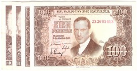 BILLETES
ESTADO ESPAÑOL, BANCO DE ESPAÑA
Lote de 4 billetes. 100 Pesetas 1953 (2) y 1965 (2). Series. MBC+ a MBC-.