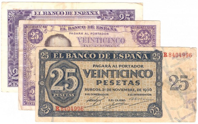 BILLETES
ESTADO ESPAÑOL, BANCO DE ESPAÑA
Lote de 3 billetes. 25 Pesetas 1936, ...