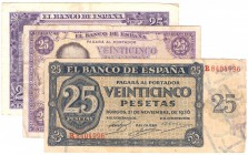 BILLETES
ESTADO ESPAÑOL, BANCO DE ESPAÑA
Lote de 3 billetes. 25 Pesetas 1936, 1946 y 1954. Series. BC+ a BC-