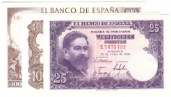 BILLETES
ESTADO ESPAÑOL, BANCO DE ESPAÑA
Lote de 3 billetes. 25 Pesetas 1954, 100 Pesetas 1965 y 1970. Series. SC a SC-