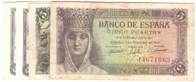 BILLETES
ESTADO ESPAÑOL, BANCO DE ESPAÑA
Lote de 4 billetes. 5 Pesetas 1943, 1945 y 1948 (2). Series. EBC- a BC+