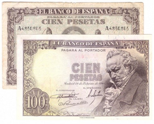 BILLETES
ESTADO ESPAÑOL, BANCO DE ESPAÑA
Lote de 2 billetes. 100 Pesetas 1940 ...