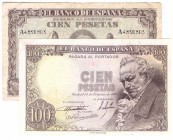 BILLETES
ESTADO ESPAÑOL, BANCO DE ESPAÑA
Lote de 2 billetes. 100 Pesetas 1940 (serie A) y 1946 (no se aprecia la numeración al haber sido lavado). L...