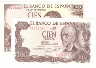 BILLETES
ESTADO ESPAÑOL, BANCO DE ESPAÑA
Lote de 2 billetes. 100 Pesetas 1965 y 1970. Sin serie. SC- a EBC+