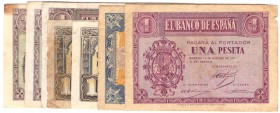 BILLETES
ESTADO ESPAÑOL, BANCO DE ESPAÑA
Lote de 7 billetes. Peseta 1937, febrero 1938, abril 1938 (2), junio 1940, septiembre 1940 (2, sin serie y ...