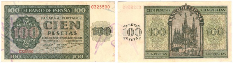 BILLETES
ESTADO ESPAÑOL, BANCO DE ESPAÑA
100 Pesetas. Burgos, 21 Noviembre 193...