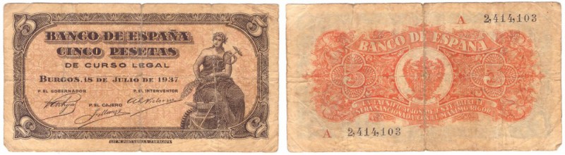 BILLETES
ESTADO ESPAÑOL, BANCO DE ESPAÑA
5 Pesetas. Burgos, 18 Julio 1937. Ser...