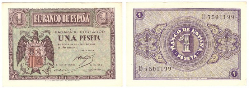 BILLETES
ESTADO ESPAÑOL, BANCO DE ESPAÑA
1 Peseta. Burgos, 30 Abril 1938. Seri...