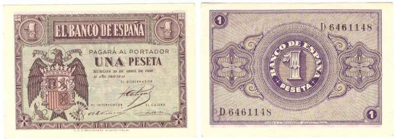 BILLETES
ESTADO ESPAÑOL, BANCO DE ESPAÑA
1 Peseta. Burgos, 30 Abril 1938. Seri...