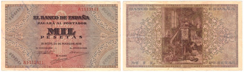 BILLETES
ESTADO ESPAÑOL, BANCO DE ESPAÑA
1000 Pesetas. Burgos, 20 Mayo 1938. S...