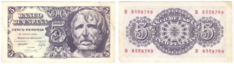 BILLETES
ESTADO ESPAÑOL, BANCO DE ESPAÑA
5 Pesetas. 12 Abril 1947. Serie B. ED...