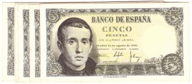 BILLETES
ESTADO ESPAÑOL, BANCO DE ESPAÑA
5 Pesetas. 16 Agosto 1951. Lote de 8 billetes. Series. ED.D60A. SC-. MBC-