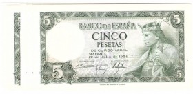 BILLETES
ESTADO ESPAÑOL, BANCO DE ESPAÑA
5 Pesetas. 22 Julio 1954. Serie K. Lote de 5 billetes correlativos. ED.D67A. SC