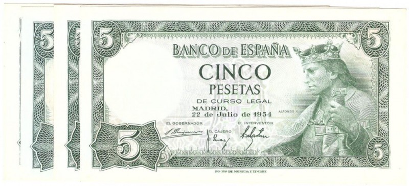 BILLETES
ESTADO ESPAÑOL, BANCO DE ESPAÑA
5 Pesetas. 22 Julio 1954. Lote de 4 b...