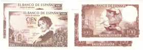 BILLETES
ESTADO ESPAÑOL, BANCO DE ESPAÑA
100 Pesetas. 19 Noviembre 1965. Sin serie. Pareja correlativa. ED.D71. SC-. EBC+
