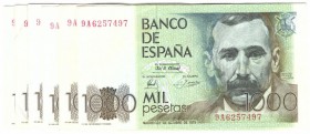 BILLETES
JUAN CARLOS I. BANCO DE ESPAÑA
1000 Pesetas. 23 Octubre 1979. Serie 9A. Lote de 7 billetes. ED.E3B. EBC+/MBC+
