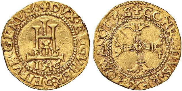 GENOVA. Dogi Biennali (1528-1797) Scudo d’oro 1546 sigla AS. D/ Castello. R/ Cro...