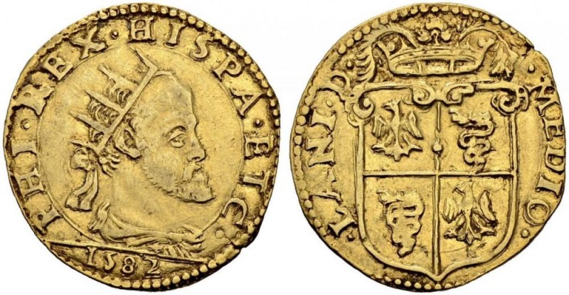 MILANO. Filippo II (1556-1598) Doppia 1582. D/ Testa coronata a destra. R/ Stemm...