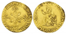 MODENA. Ercole II d'Este (1534-1559) Scudo d'oro del Sole. D/ Croce accantonata da quattro gigli. R/ San Geminiano con pastorale benedicente a sinistr...