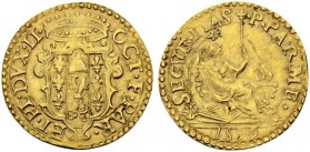 PARMA. Ottavio Farnese (1547-1586) Scudo d'oro 1556. D/ Stemma. R/ La Sicurezza seduta davanti ad un'ara ardente. MIR 924/3 Rare BB+