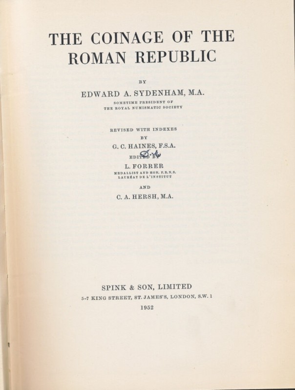 SYDENHAM Edward A. The Coinage of the Roman Republic. Spink, London, 1952 Hardco...
