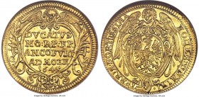 Frankfurt. Free City gold Ducat 1645 MS64 NGC, KM96.1, Fr-975. Gleaming yellow gold color flashes bright when rotated in the light, the luster of this...