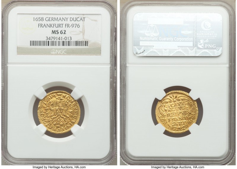 Frankfurt. Free City gold Ducat 1658 MS62 NGC, KM104.2, Fr-976. Ducat issue with...