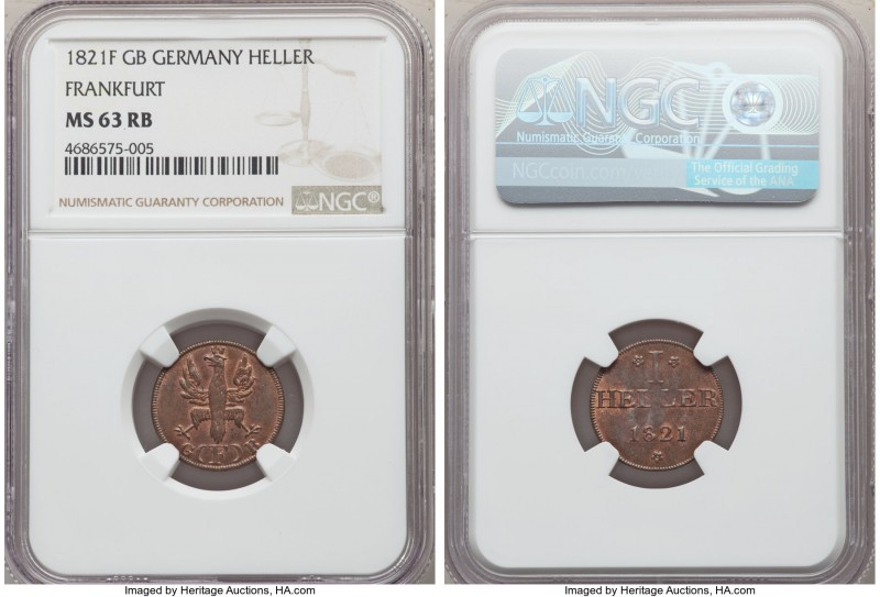 Frankfurt. Free City Heller 1821 F-GB MS63 Red and Brown NGC, KM301. More red th...
