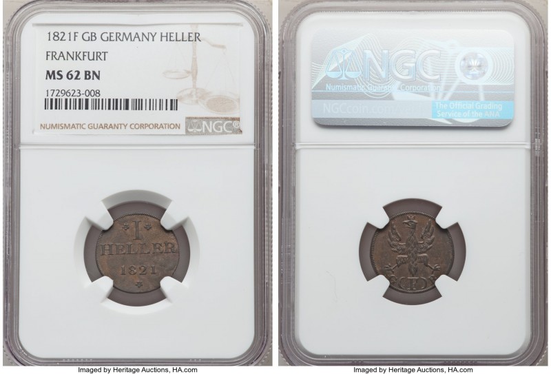 Frankfurt. Free City Heller 1821 F-GB MS62 Brown NGC, KM301. Chestnut brown thro...