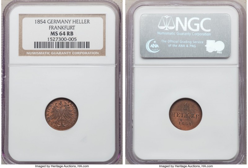 Frankfurt. Free City Heller 1854 MS64 Red and Brown NGC, KM351. Fully bold with ...