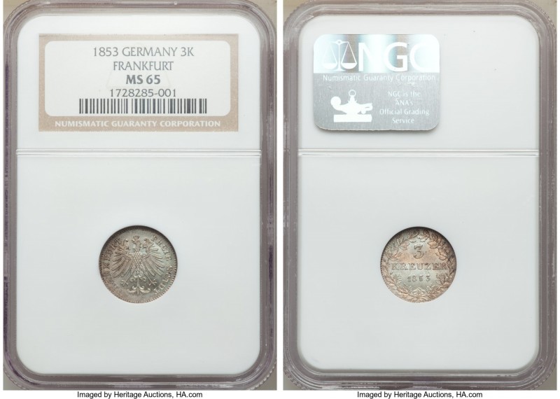 Frankfurt. Free City 3 Kreuzer 1853 MS65 NGC, KM334. Handsomely toned and with d...