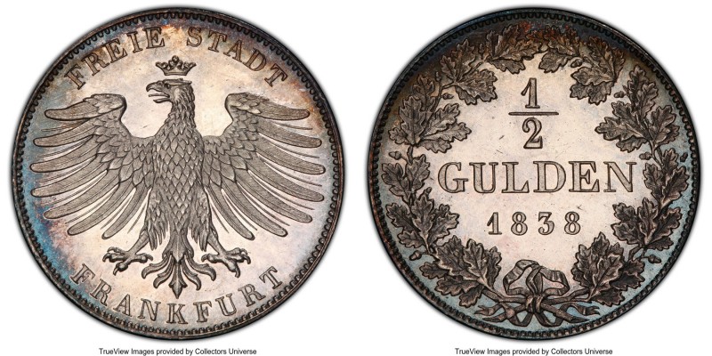 Frankfurt. Free City Proof 1/2 Gulden 1838 PR64 Cameo PCGS, KM315. A striking Pr...
