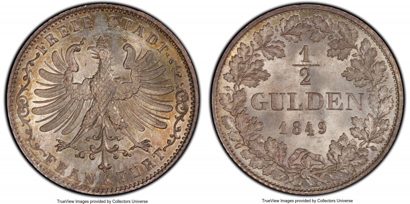 Frankfurt. Free City 1/2 Gulden 1849 MS67 PCGS, KM330. Highly attractive with st...
