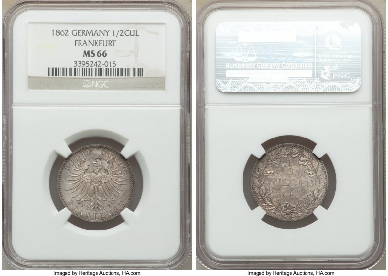 Frankfurt. Free City 1/2 Gulden 1862 MS66 NGC, KM368. Even gray tones are appare...
