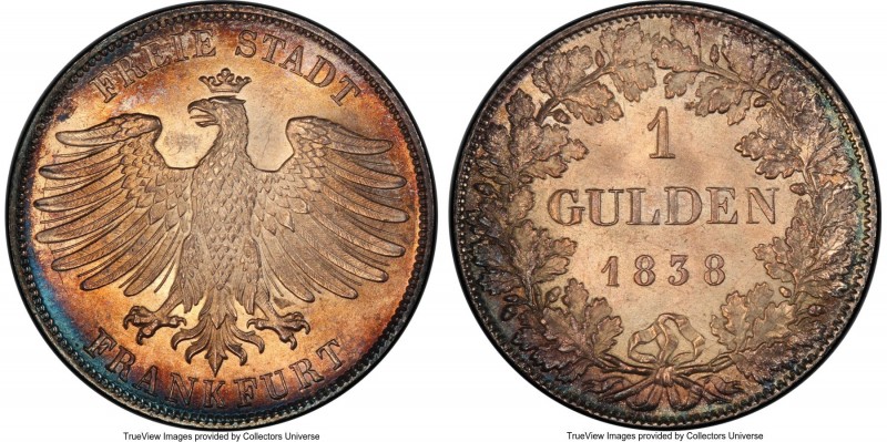 Frankfurt. Free City Gulden 1838 MS65 PCGS, KM316. Superb coloring and fully gem...