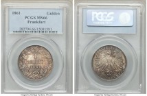 Frankfurt. Free City Gulden 1861 MS66 PCGS, KM358. Absolutely superb in hand, with deeply impressed leaf detail throughout the wreath design and drama...