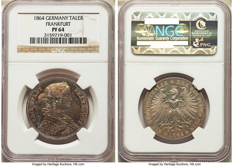 Frankfurt. Free City Proof Taler 1864 PR64 NGC, KM370. With an obverse toned to ...