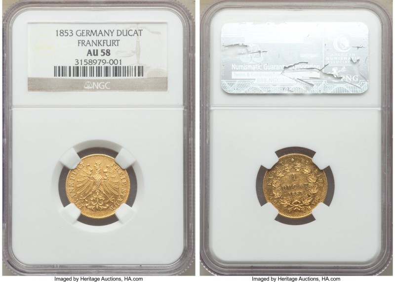 Frankfurt. Free City gold Ducat 1853 AU58 NGC, KM352. With such a low mintage of...