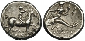 CALABRIA. Tarento. Didracma (272-235 a.C.). A/ Jinete a der. coronando su caballo; debajo ley. griega AGAQ-A/RXOS. R/ Taras con cántaro y cronucopia c...