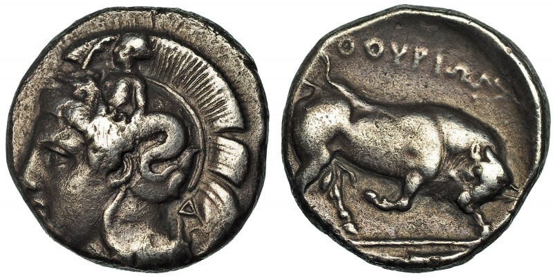 LUCANIA. Thurium. Diestátera (s. IV a.C.). A/ Cabeza de Atenea con casco de gran...