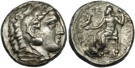 MACEDONIA. Alejandro III. Tetradracma forrada. Anfípolis (c. 323-320 a.C.). A/ Cabeza con leonté a der. R/ Zeus entronizado a izq. con cetro y águila;...
