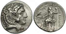 MACEDONIA. Alejandro III. Tedradracma. Side (c. 325-320 a.C.). A/ Cabeza con leonté a der. R/ Zeus entronizado a izq. con cetro y águila; delante FI, ...