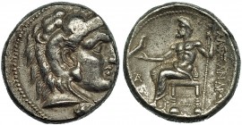 MACEDONIA. Alejandro III. Tetradracma. Biblos (c. 330-320 a.C.). A/ Cabeza con leonté a der. R/ Zeus entronizado a izq. con cetro y águila, delante mo...