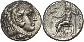 MACEDONIA. Alejandro III. Tetradracma. Sidón (c. 322-32a a.C.). A/ Cabeza con leonté a der. R/ Zeus entronizado a izq. con cetro y águila, delante M, ...
