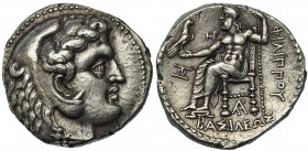 MACEDONIA. Filipo III. Tetradracma. Marathus (c. 323-317 a.C.). R/ Ley. detrás ΦΙΛΙΠΠОY; bajo el trono y delante de Zeus, monogramas. AR 17,31 g. PRC-...