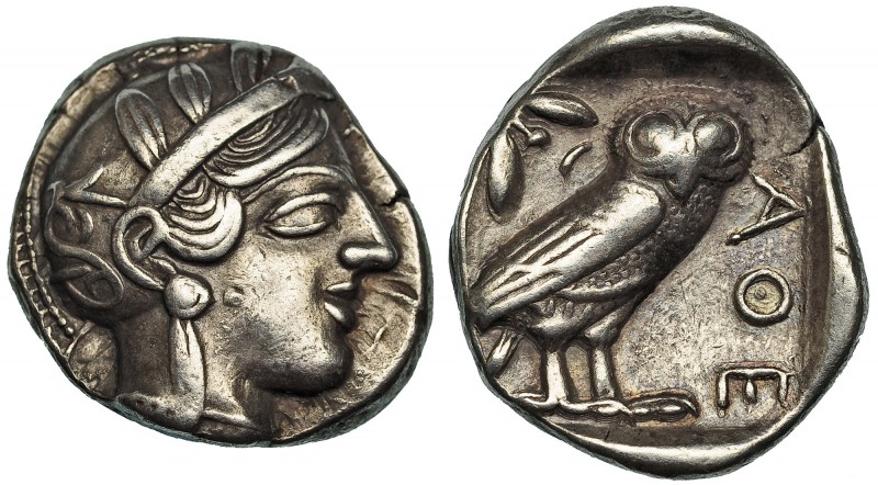 ÁTICA. Atenas. Tetradracma (Post. 449 a.C..). A/ Cabeza de Atenea. R/ Lechuza en...