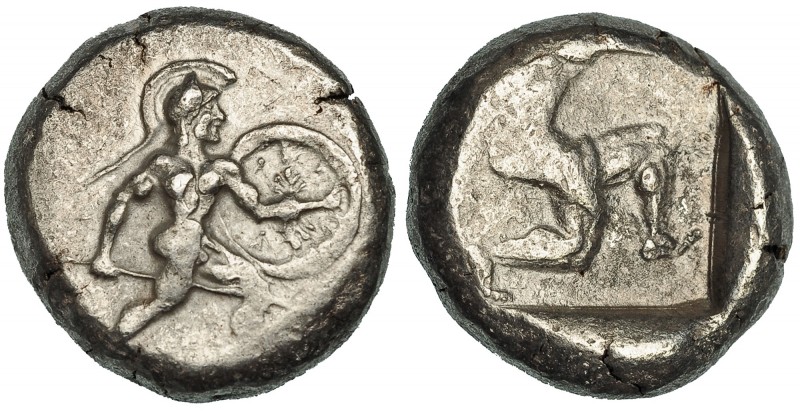PANFILIA. Aspendos. Estátera (460-420 a.C.). A/ Guerrero con escudo y lanza avan...