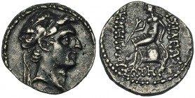 REINO SELÉUCIDA. Demetrio I. Dracma. Siria (162-150). A/ Cabeza del rey diad. a der. R/ Tyche sentada a izq. rodeada de ley. en griego. SBG-7017. Páti...
