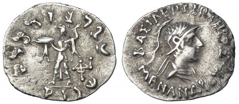 BACTRIA. Menandro I. Dracma (165-130 a.C.). A/ Cabeza del rey con casco a der. R...