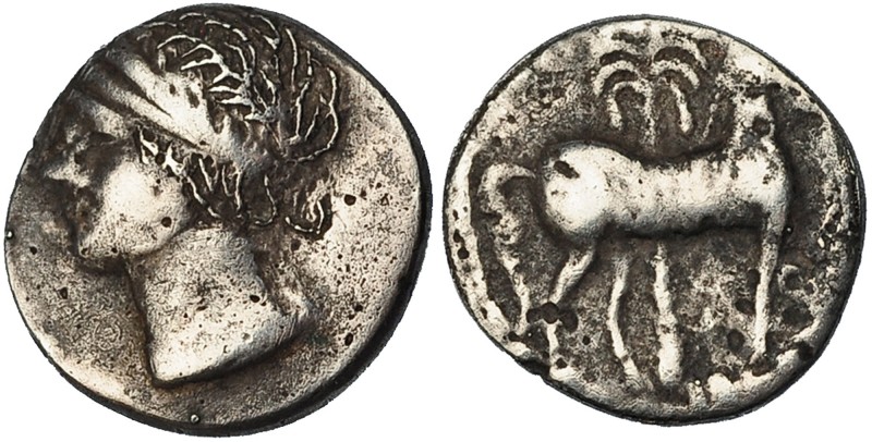 ZEUGITANIA. Cartago. Medio shekel (215-205 a.C.). A/ Cabeza femenina con espigas...